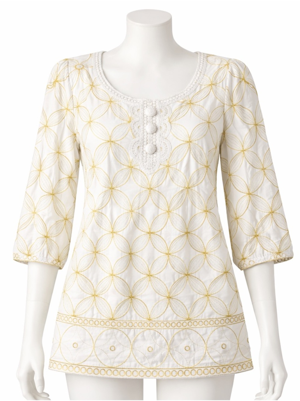 Lilly Pulitzer Gold‎ Tunic Shirt Small Embroidered Shannon 3/4 Sleeve Lined